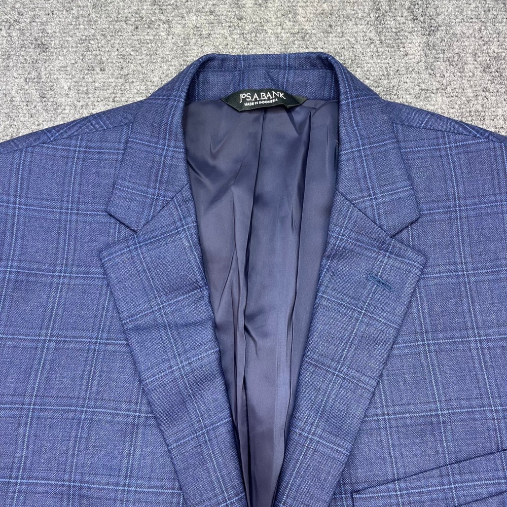Jos A Bank 42R Traveler Tailored Fit Blue Glen Plaid Wool Blazer Sport Coat